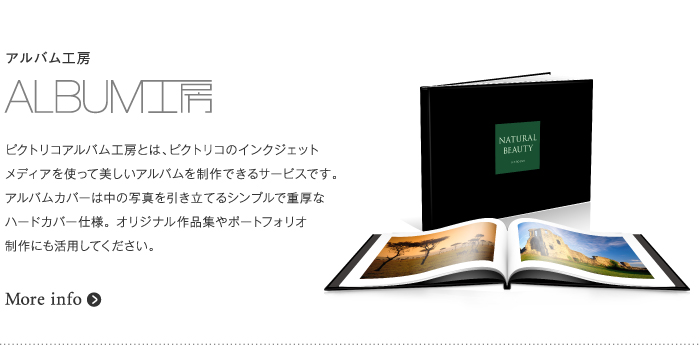 アルバム工房 ALBUM工房 ピクトリコのインクジェットメディアを使って美しいアルバムを制作できるサービスです。アルバムカバーは中の写真を引き立てるシンプルで重厚なハード仕様。オリジナル作品集やポートフォリオ制作にも活用してください。