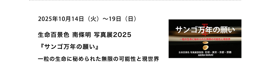 PICTORICO SHOP&GALLERY 生命百景色 南條明 写真展2025 『サンゴ万年の願い』 一粒の生命に秘められた無限の可能性と現世界